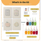 What is in the Pink School Backpack set, 8 × 12 in (20 × 30 cm) each: 4 printed canvases, punch needle, threader, threads, color guide and 4 sets of hangers