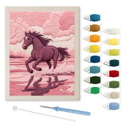 Pink Shore Gallop punch needle kit: finished canvas with threads, punch needle and threader