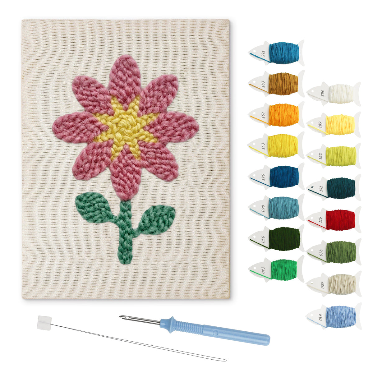 Pink Star Flower punch needle kit: finished canvas with threads, punch needle and threader