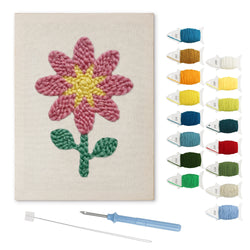 Pink Star Flower punch needle kit: finished canvas with threads, punch needle and threader