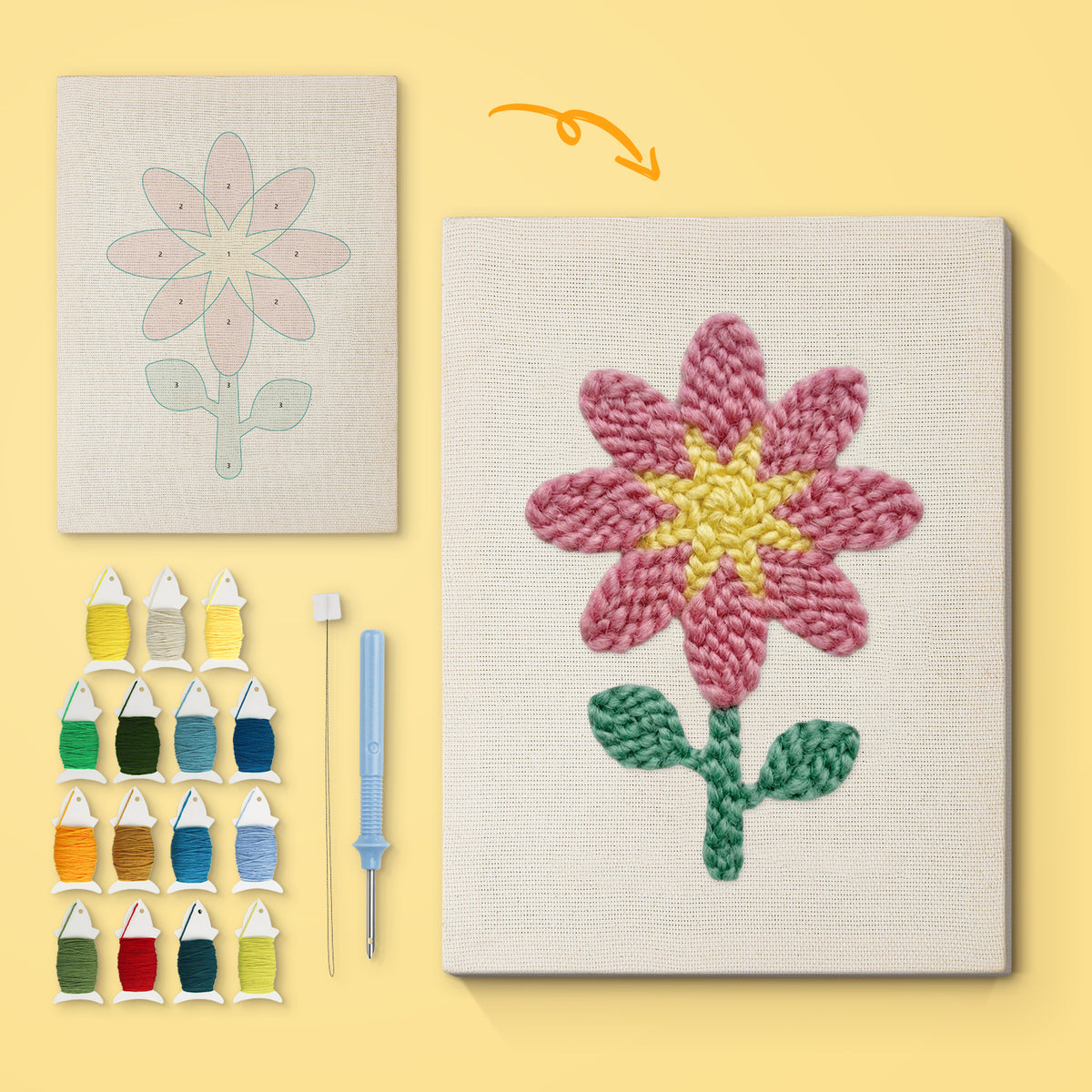 Pink Star Flower canvas before and after punching, with the threads and tools