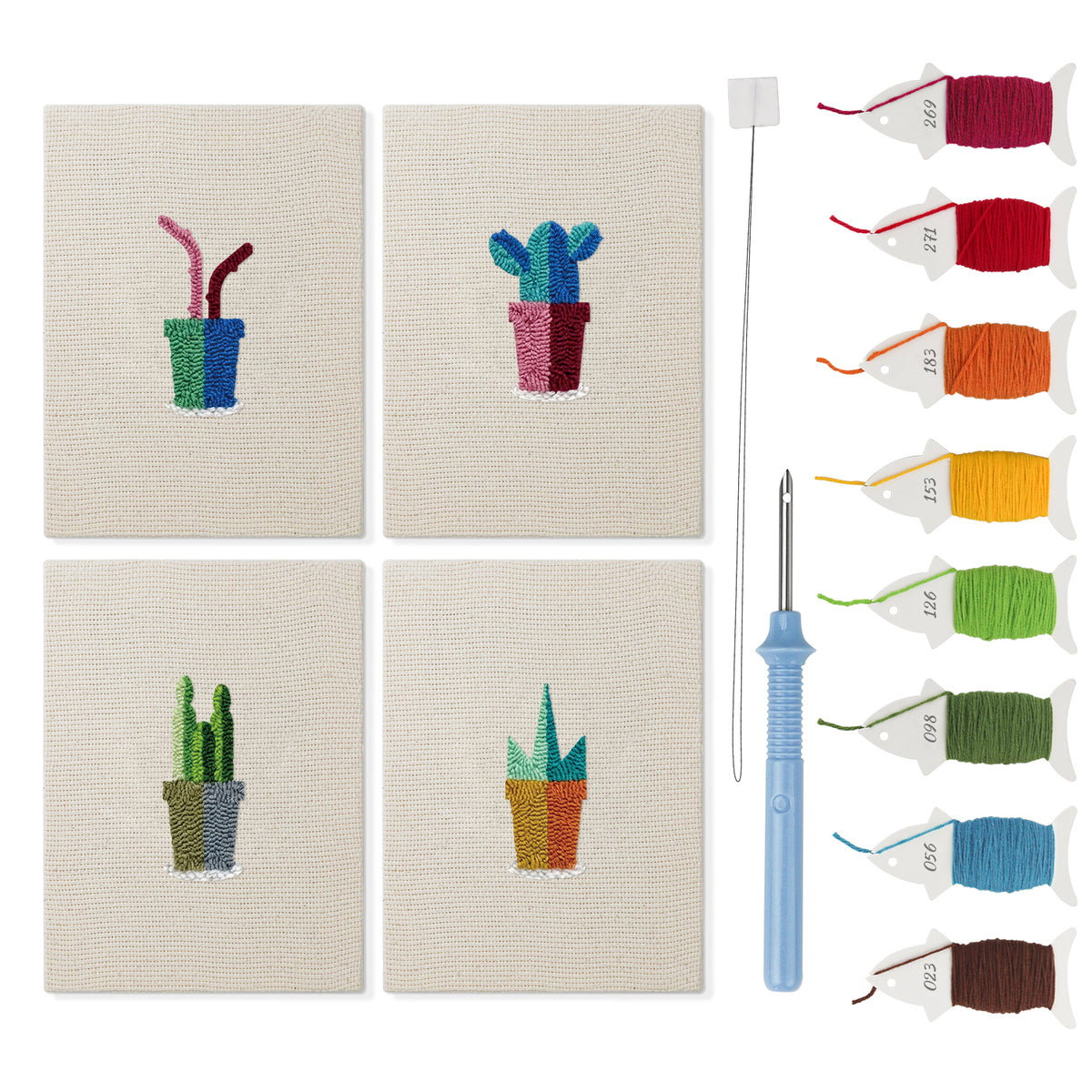 Pink Stem Cacti mini punch needle kit set: four finished canvases with threads, punch needle and threader