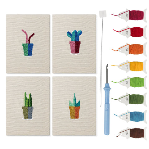 Pink Stem Cacti mini punch needle kit set: four finished canvases with threads, punch needle and threader