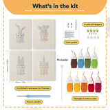 What is in the Pink Stem Cacti set, 8 × 12 in (20 × 30 cm) each: 4 printed canvases, punch needle, threader, threads, color guide and 4 sets of hangers