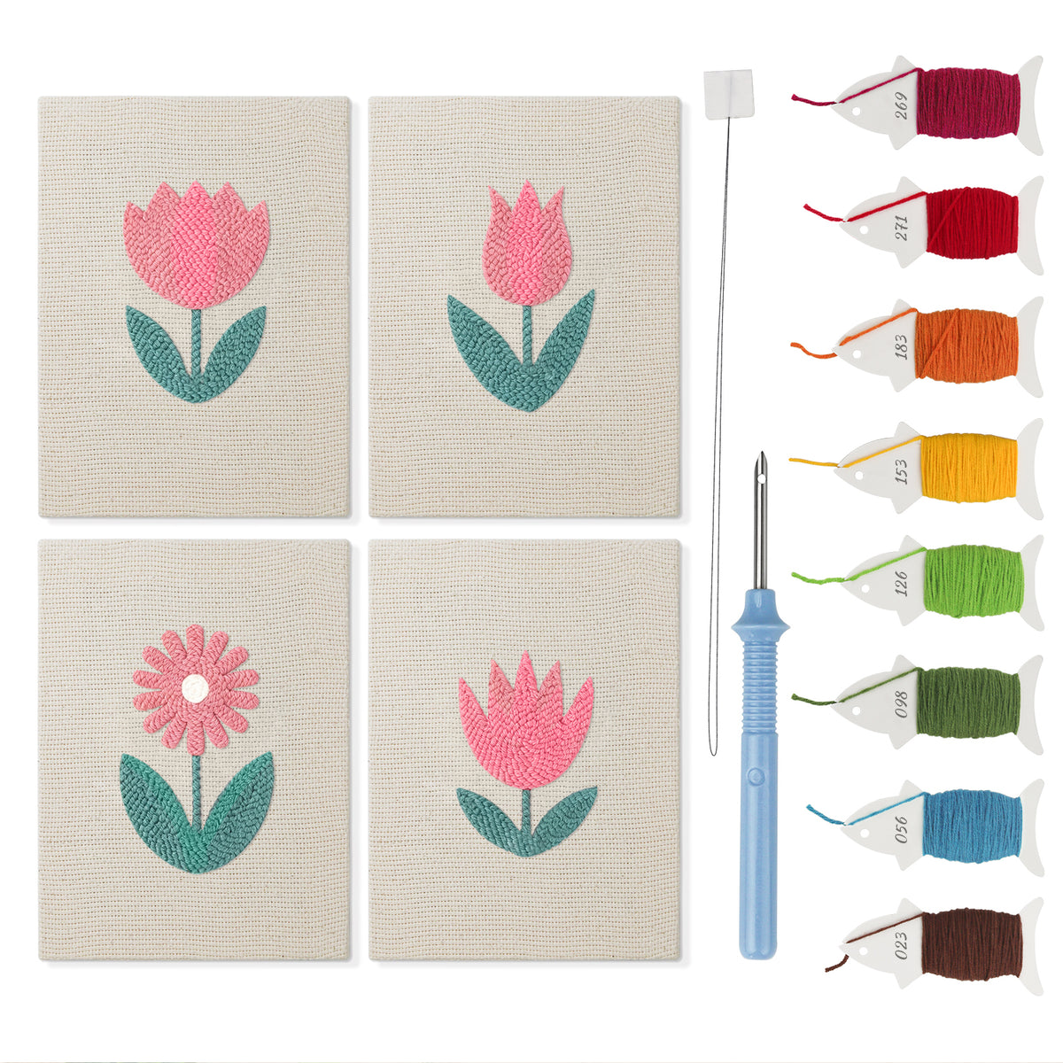 Pink Tulip Garden mini punch needle kit set: four finished canvases with threads, punch needle and threader