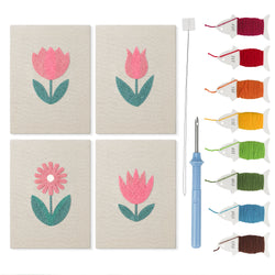 Pink Tulip Garden mini punch needle kit set: four finished canvases with threads, punch needle and threader