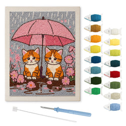Pink Umbrella Cats punch needle kit: finished canvas with threads, punch needle and threader