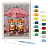 Pink Umbrella Cats punch needle kit: finished canvas with threads, punch needle and threader