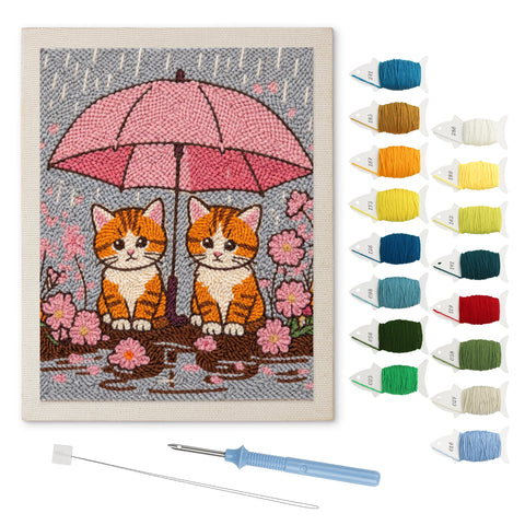 Pink Umbrella Cats punch needle kit: finished canvas with threads, punch needle and threader