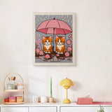 Finished Pink Umbrella Cats punch needle canvas on a wall