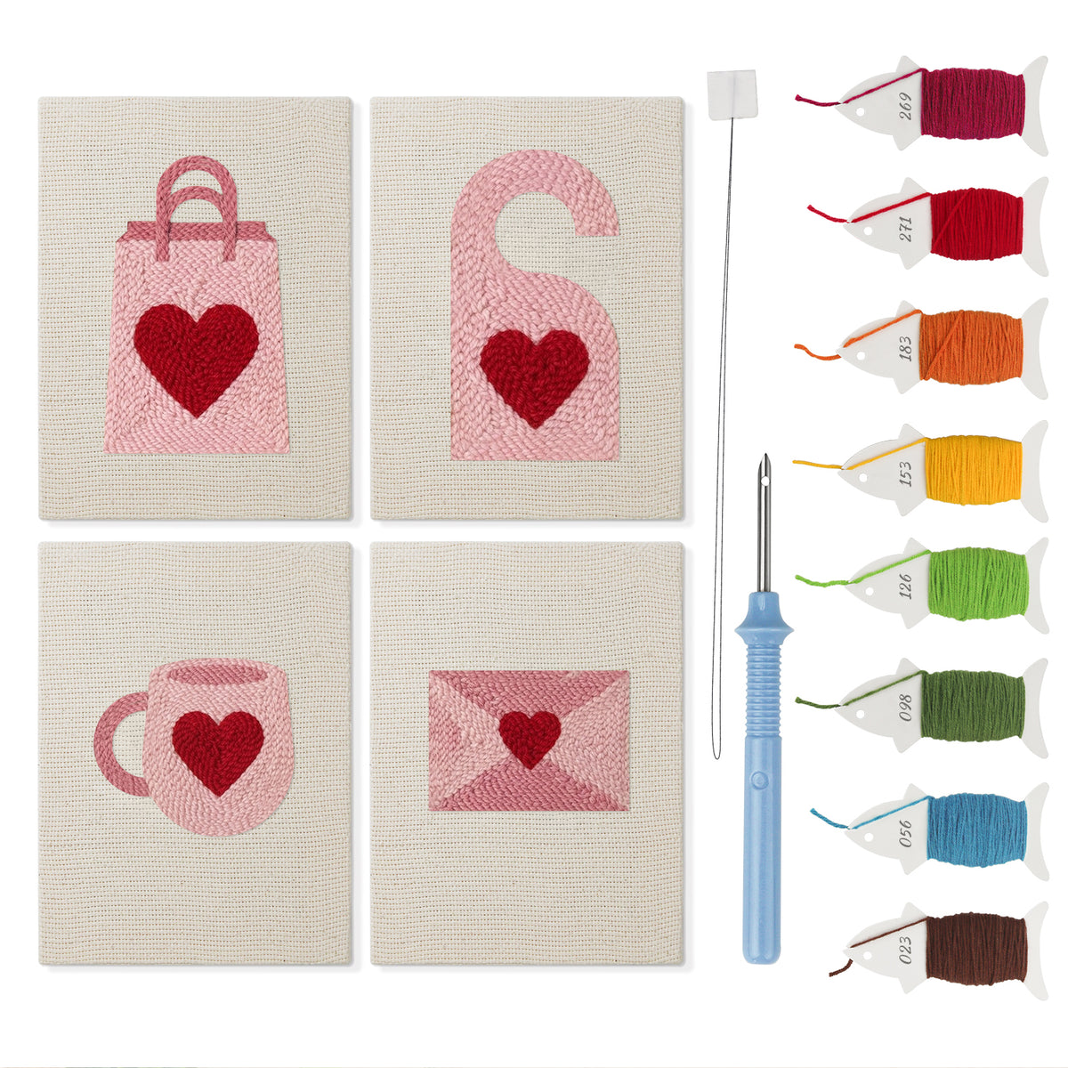 Pink Valentine Hearts mini punch needle kit set: four finished canvases with threads, punch needle and threader