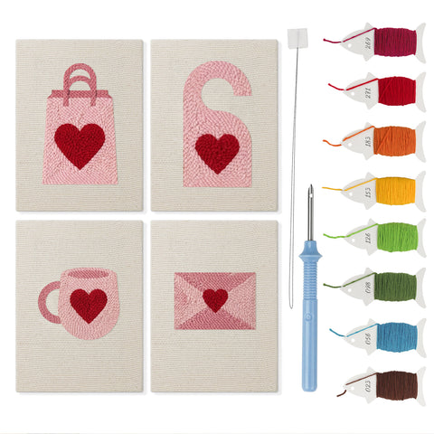 Pink Valentine Hearts mini punch needle kit set: four finished canvases with threads, punch needle and threader