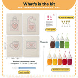 What is in the Pink Valentine Hearts set: 4 printed canvases, punch needle, threader, threads, color guide and 4 sets of hangers (6 × 8 in (15 × 20 cm) each)