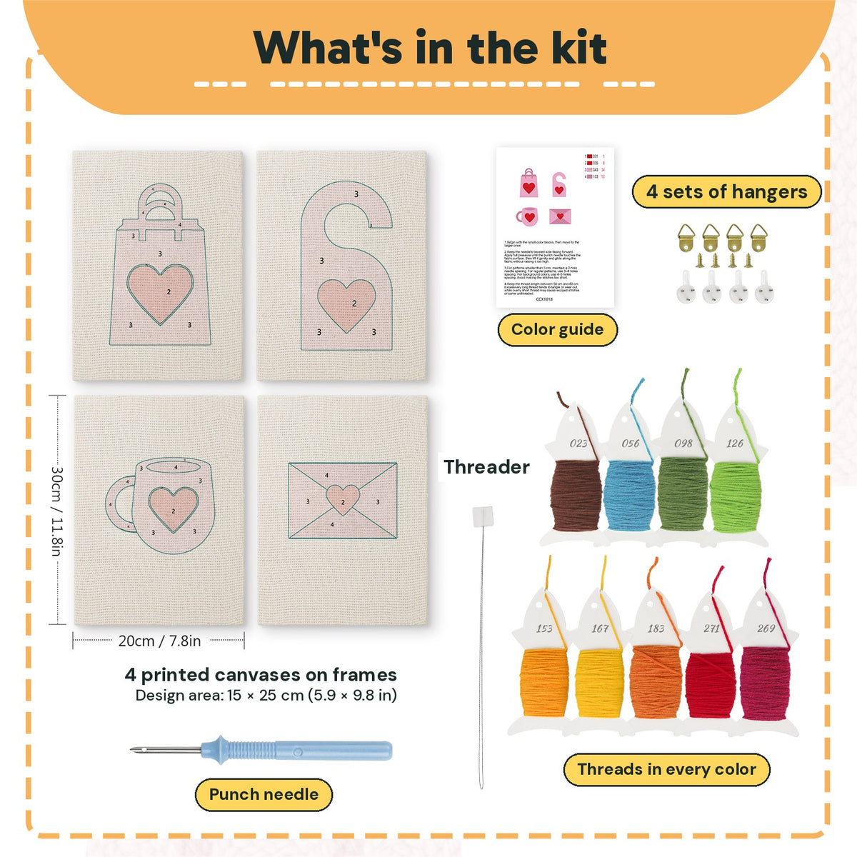 What is in the Pink Valentine Hearts set, 8 × 12 in (20 × 30 cm) each: 4 printed canvases, punch needle, threader, threads, color guide and 4 sets of hangers