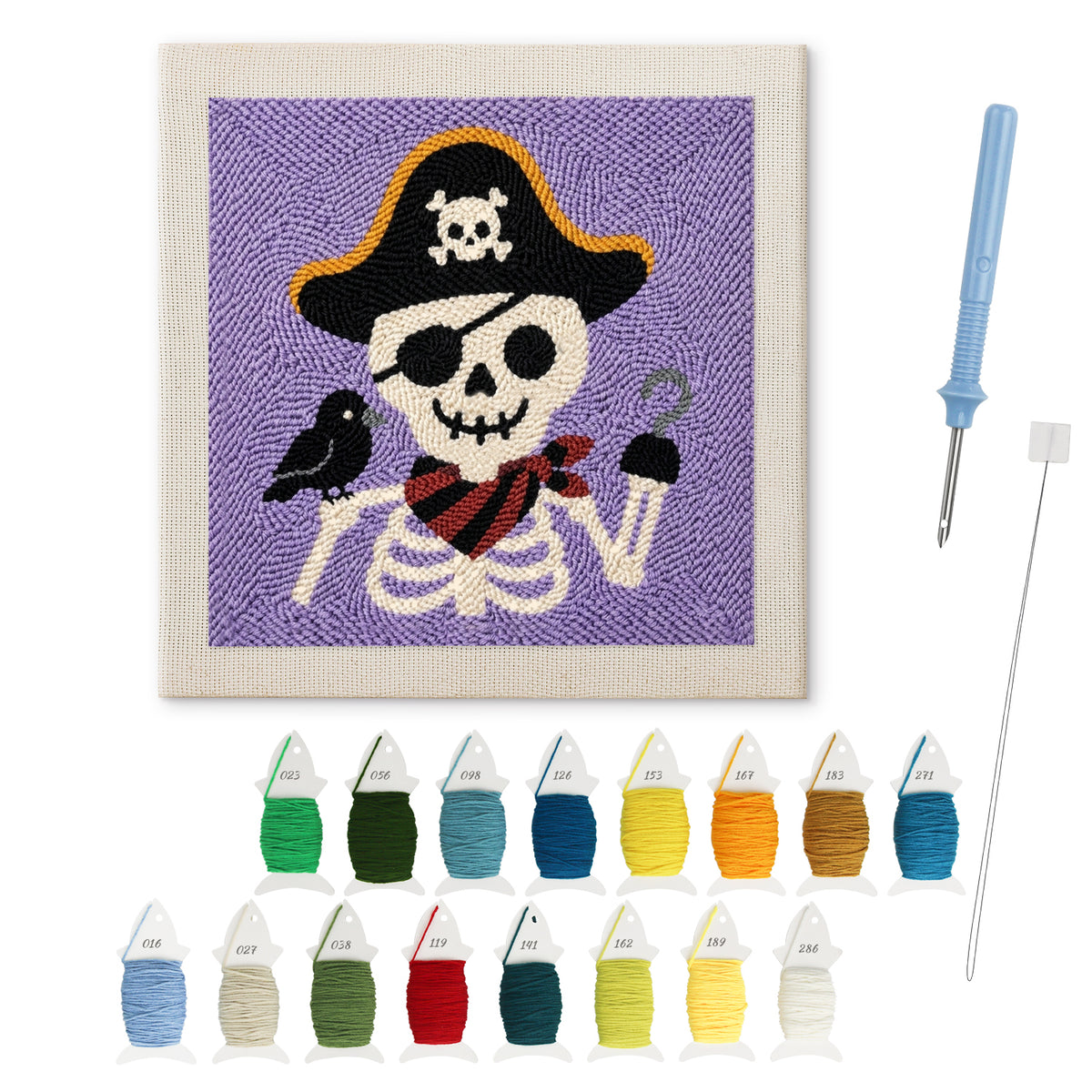 Pirate Skeleton punch needle kit: finished canvas with threads, punch needle and threader
