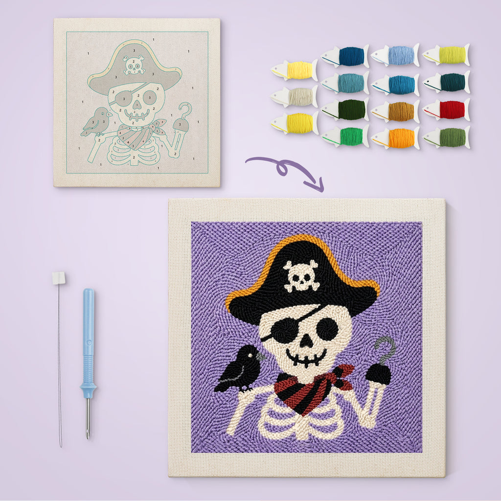 Pirate Skeleton canvas before and after punching, with the threads and tools