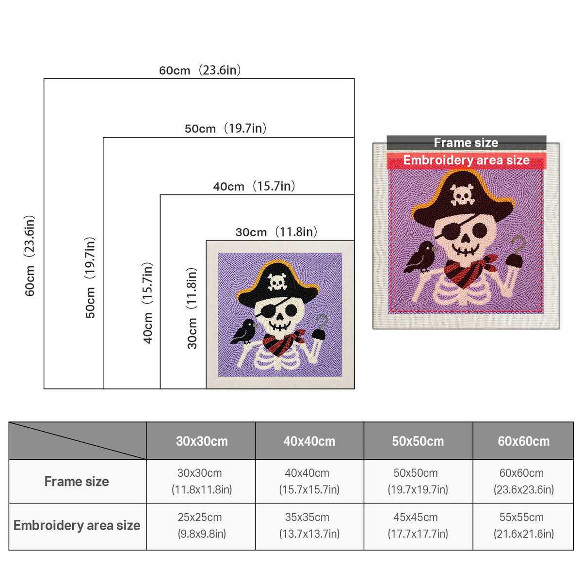 Size chart for square punch needle kits from 30 x 30 cm to 60 x 60 cm
