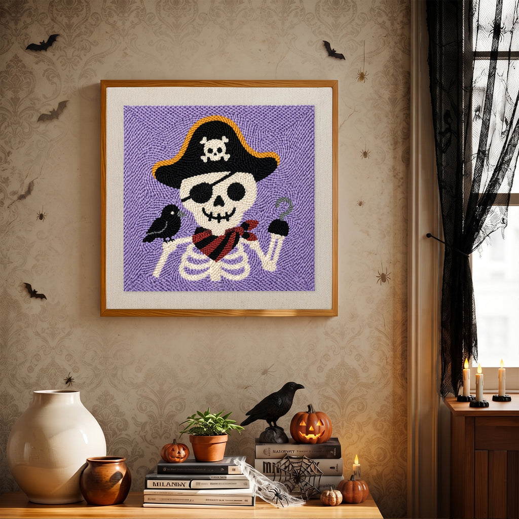 Finished Pirate Skeleton punch needle canvas on a wall
