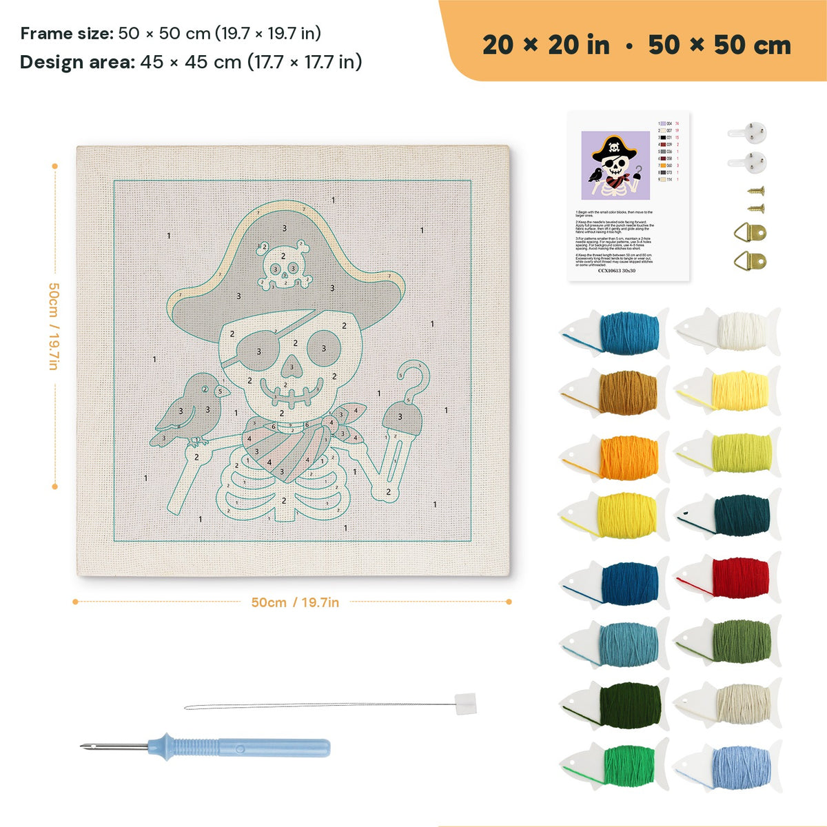 Pirate Skeleton punch needle kit, 20 × 20 in (50 × 50 cm): canvas size and kit contents