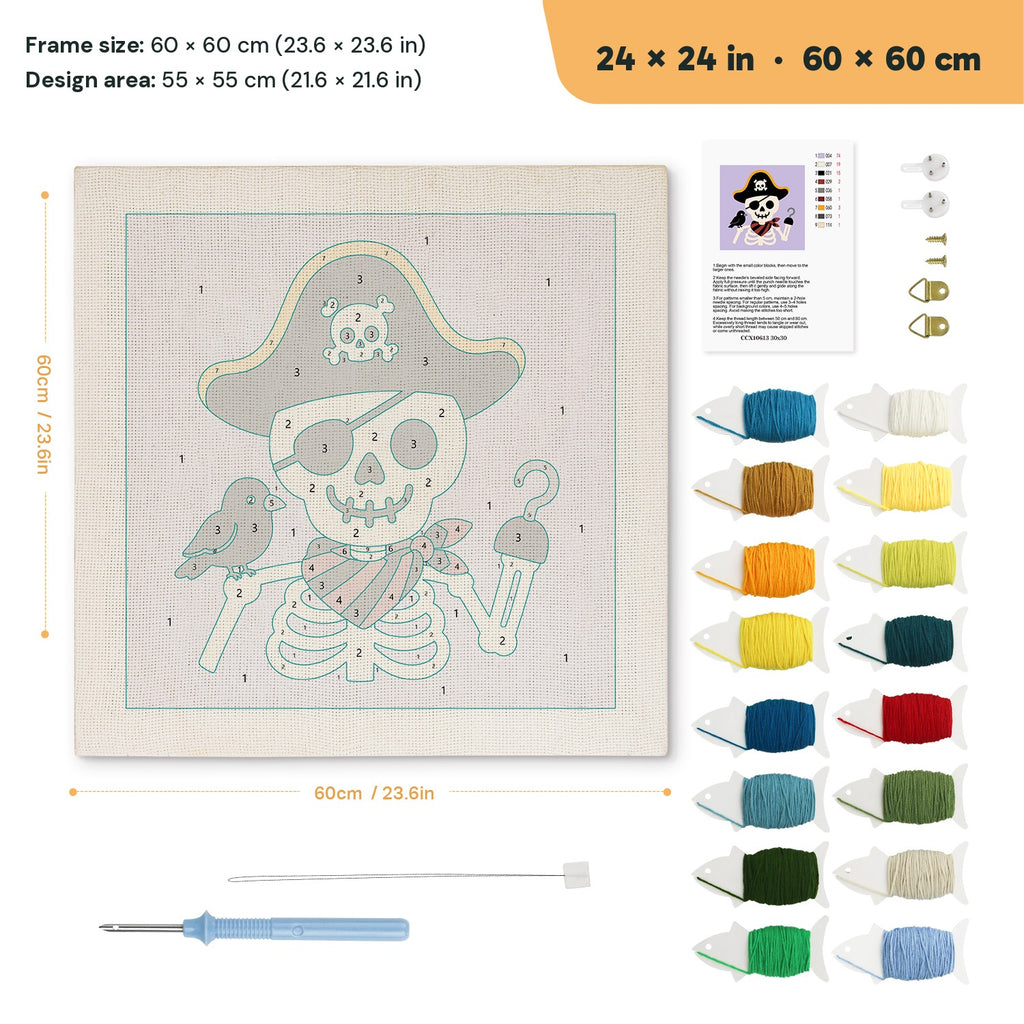 Pirate Skeleton punch needle kit, 24 × 24 in (60 × 60 cm): canvas size and kit contents