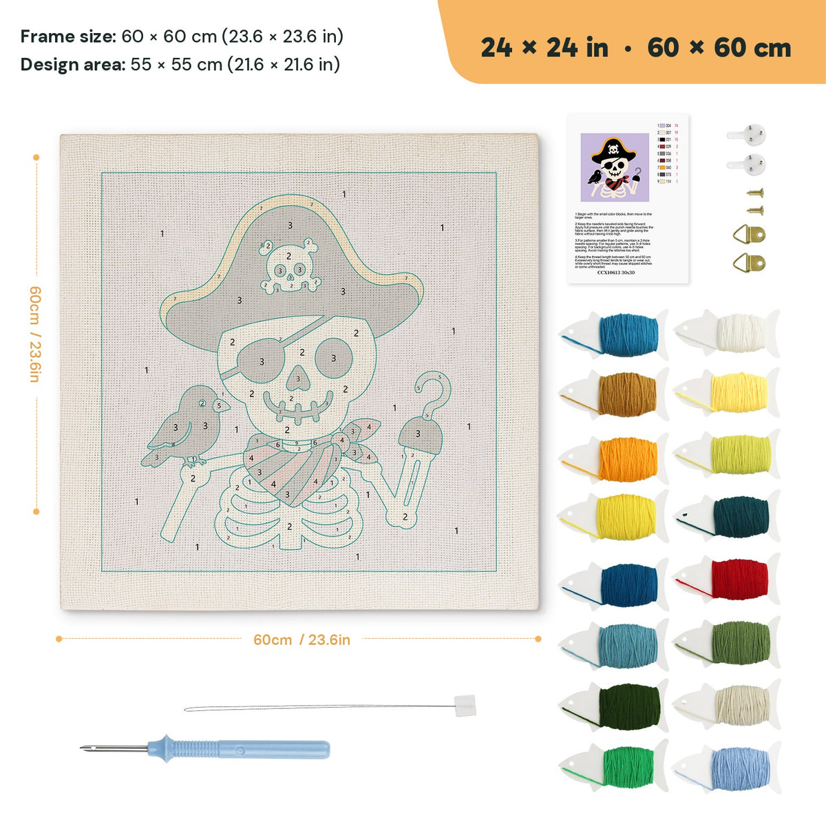 Pirate Skeleton punch needle kit, 24 × 24 in (60 × 60 cm): canvas size and kit contents