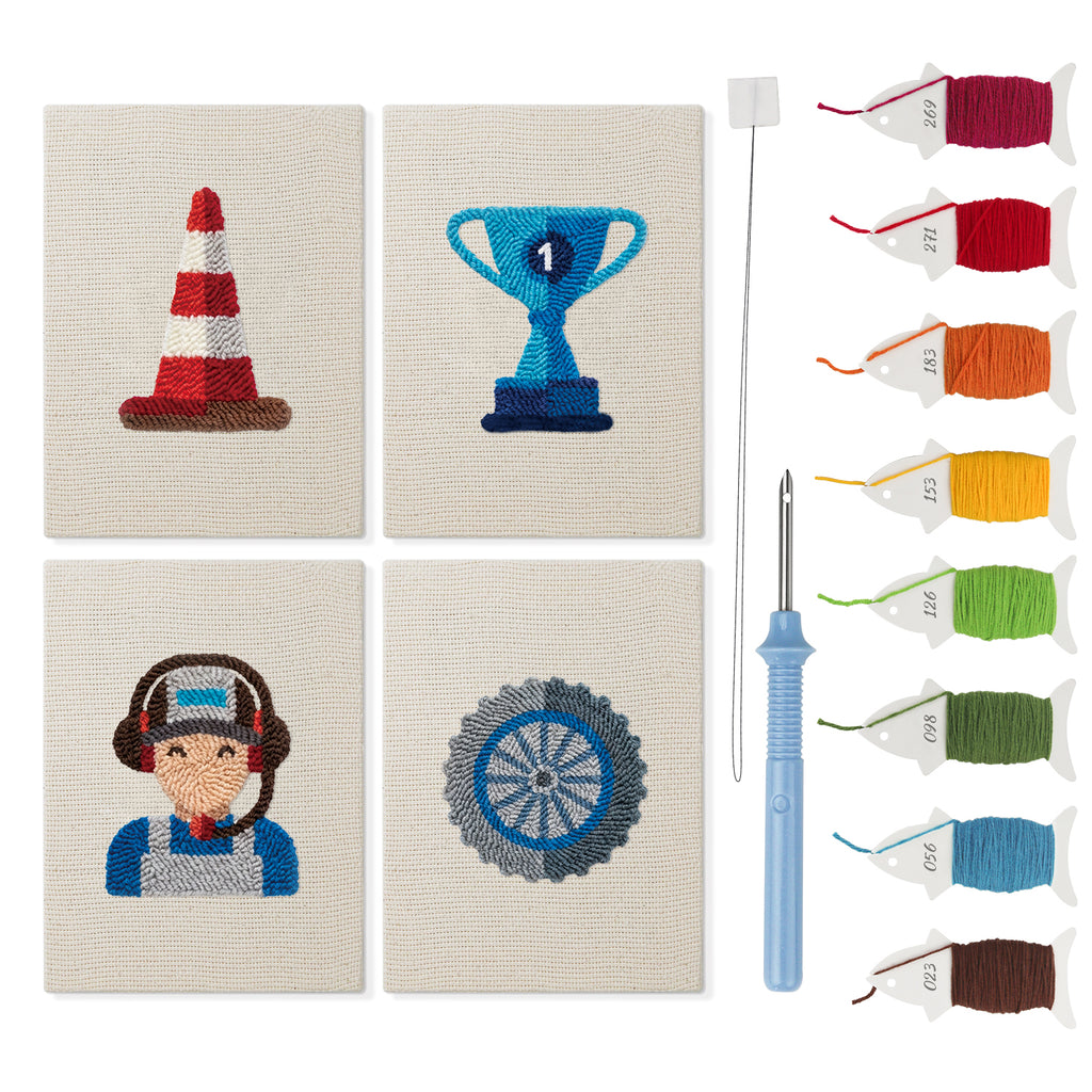 Pit Crew Trophy mini punch needle kit set: four finished canvases with threads, punch needle and threader