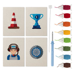 Pit Crew Trophy mini punch needle kit set: four finished canvases with threads, punch needle and threader