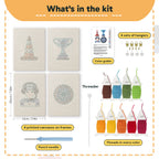 What is in the Pit Crew Trophy set: 4 printed canvases, punch needle, threader, threads, color guide and 4 sets of hangers (6 × 8 in (15 × 20 cm) each)