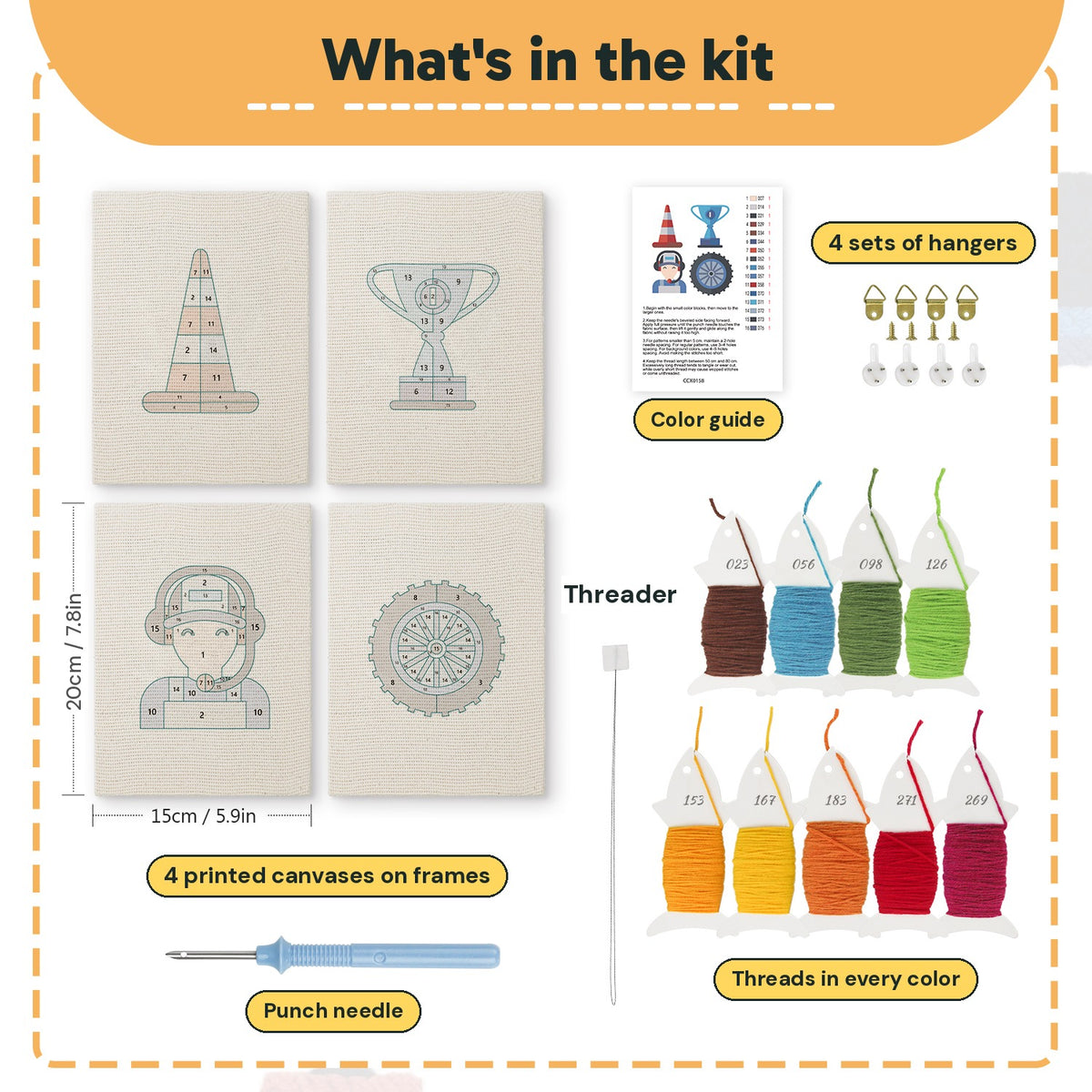 What is in the Pit Crew Trophy set: 4 printed canvases, punch needle, threader, threads, color guide and 4 sets of hangers (6 × 8 in (15 × 20 cm) each)