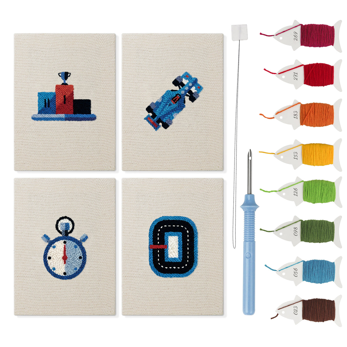Podium Race Car mini punch needle kit set: four finished canvases with threads, punch needle and threader