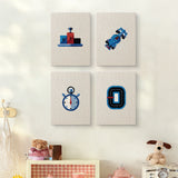 The four Podium Race Car mini canvases on a wall above a shelf