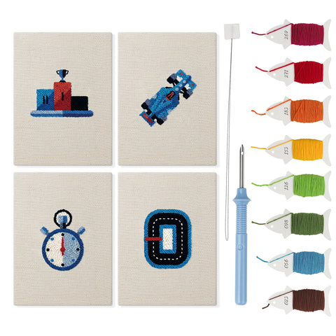 Podium Race Car mini punch needle kit set: four finished canvases with threads, punch needle and threader