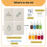 What is in the Podium Race Car set: 4 printed canvases, punch needle, threader, threads, color guide and 4 sets of hangers (6 × 8 in (15 × 20 cm) each)