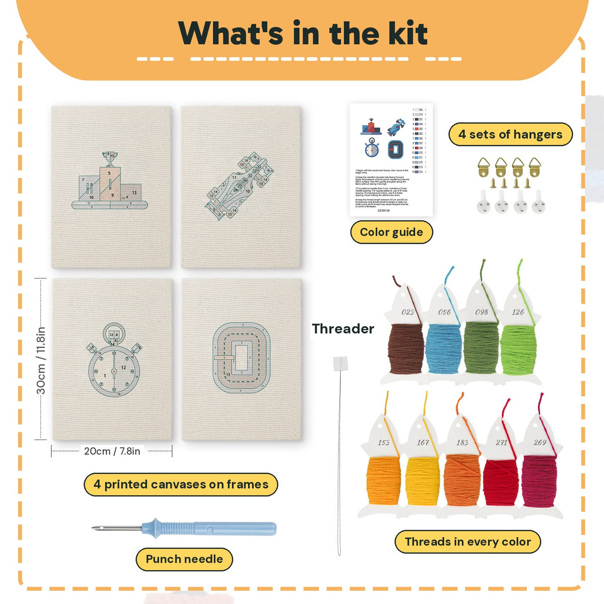 What is in the Podium Race Car set, 8 × 12 in (20 × 30 cm) each: 4 printed canvases, punch needle, threader, threads, color guide and 4 sets of hangers