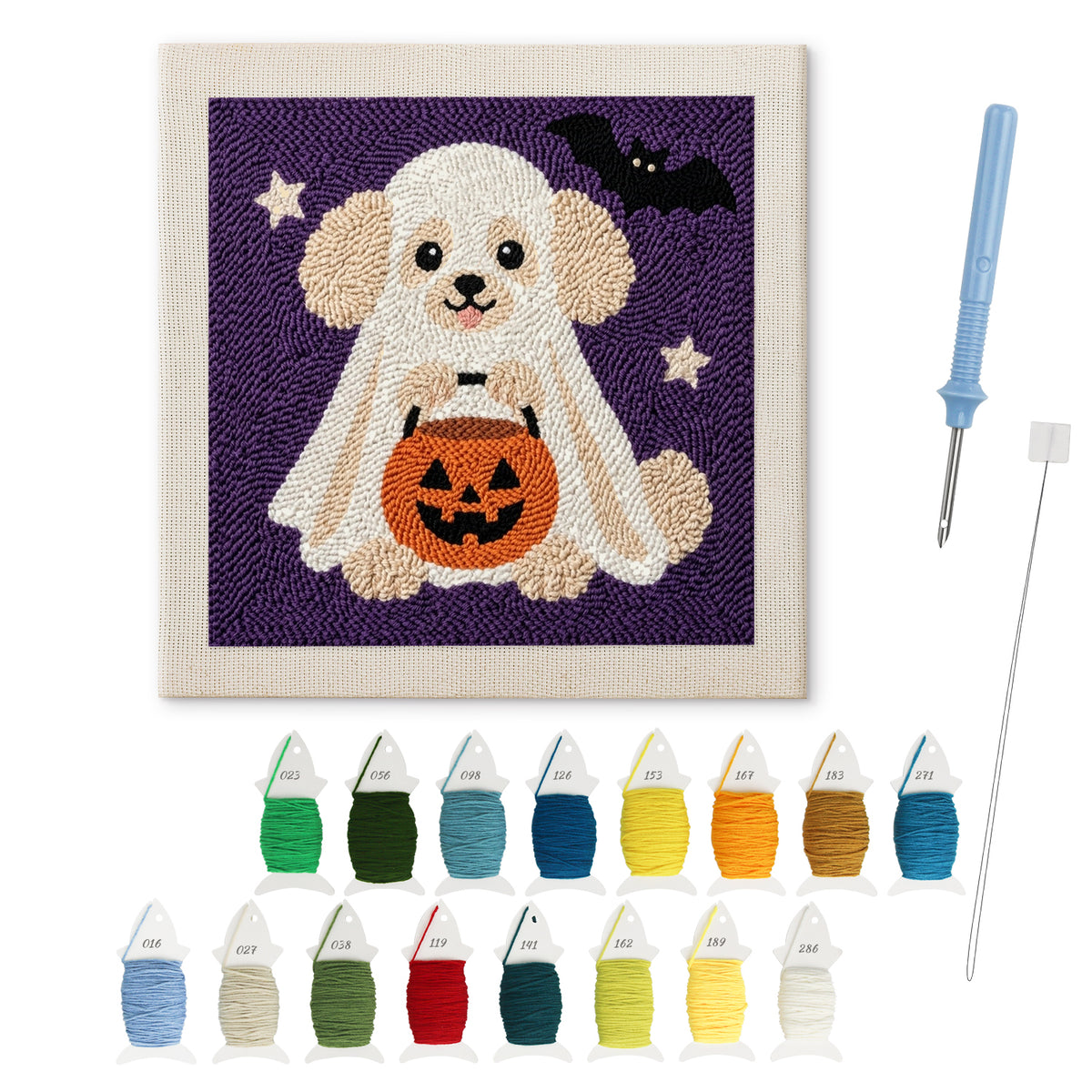 Poodle Ghost punch needle kit: finished canvas with threads, punch needle and threader