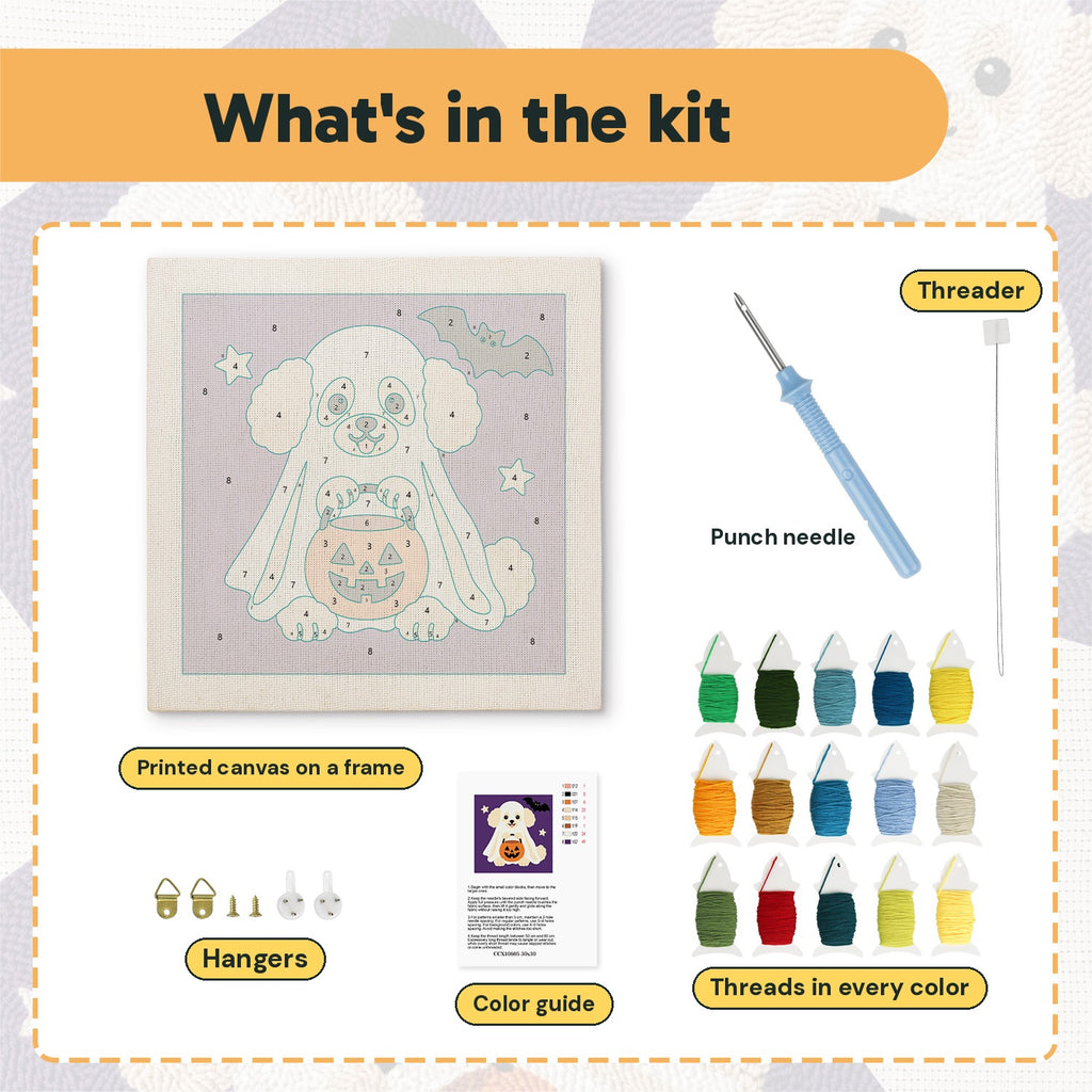 What is in the Poodle Ghost kit: printed canvas, punch needle, threader, threads, color guide and hangers