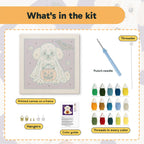 What is in the Poodle Ghost kit: printed canvas, punch needle, threader, threads, color guide and hangers