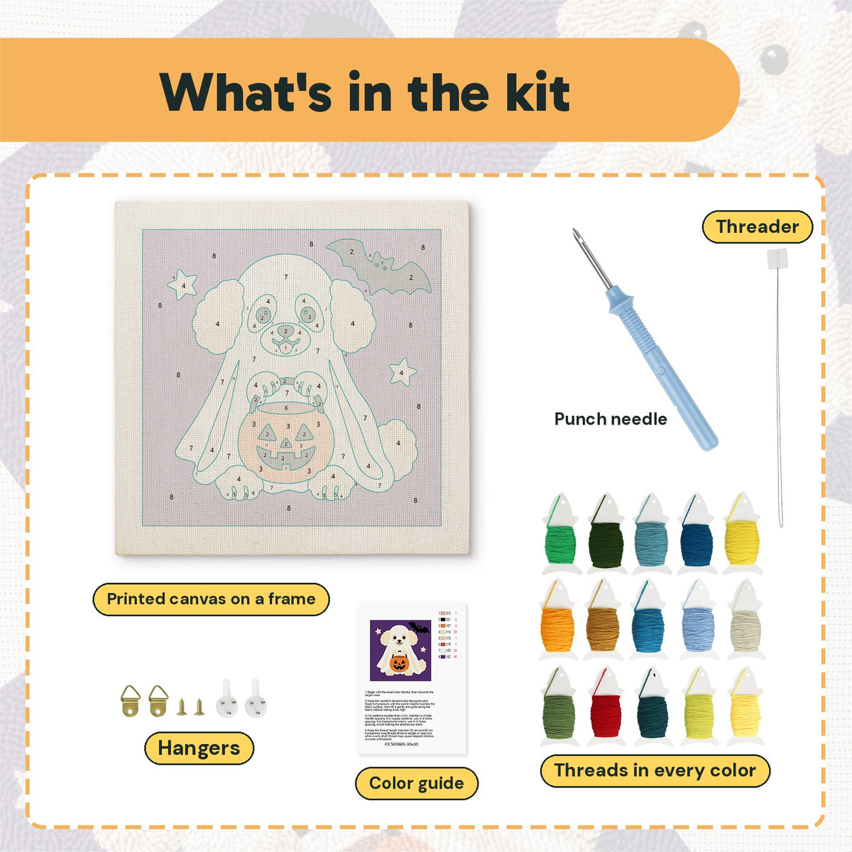 What is in the Poodle Ghost kit: printed canvas, punch needle, threader, threads, color guide and hangers