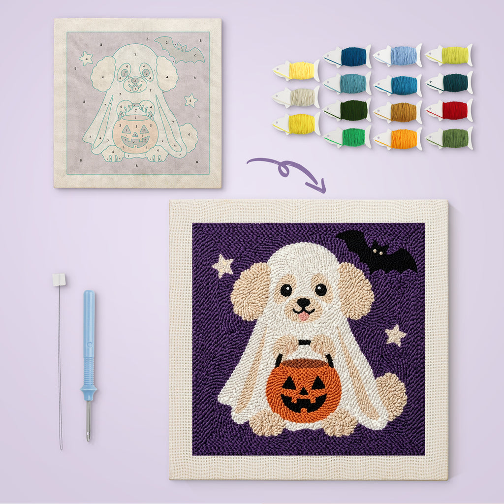 Poodle Ghost canvas before and after punching, with the threads and tools