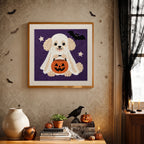 Finished Poodle Ghost punch needle canvas on a wall