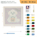 Poodle Ghost punch needle kit, 20 × 20 in (50 × 50 cm): canvas size and kit contents