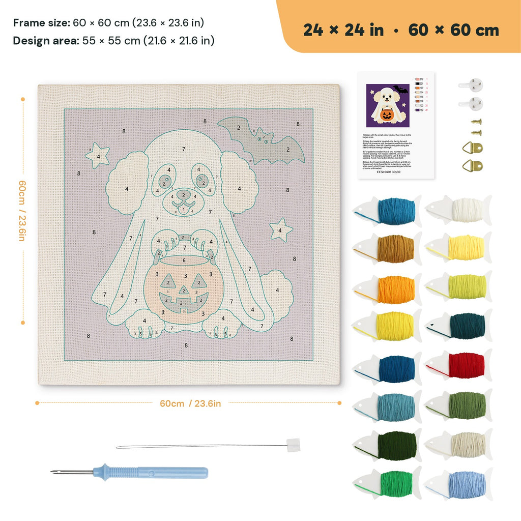 Poodle Ghost punch needle kit, 24 × 24 in (60 × 60 cm): canvas size and kit contents