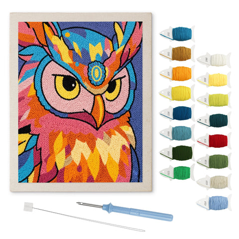 Pop Color Owl punch needle kit: finished canvas with threads, punch needle and threader