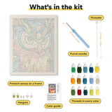 What is in the Pop Color Owl kit: printed canvas, punch needle, threader, threads, color guide and hangers