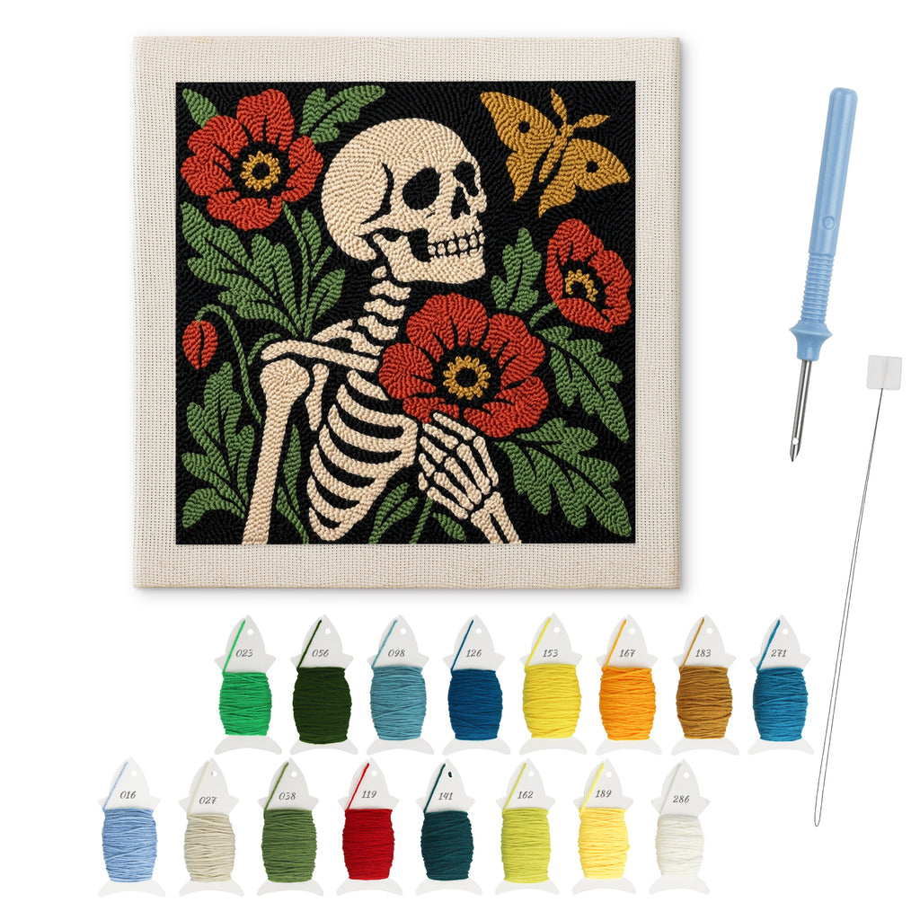 Poppy Skeleton punch needle kit: finished canvas with threads, punch needle and threader