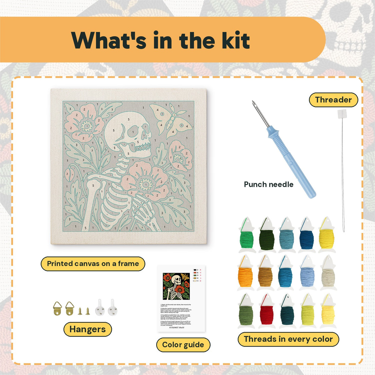 What is in the Poppy Skeleton kit: printed canvas, punch needle, threader, threads, color guide and hangers