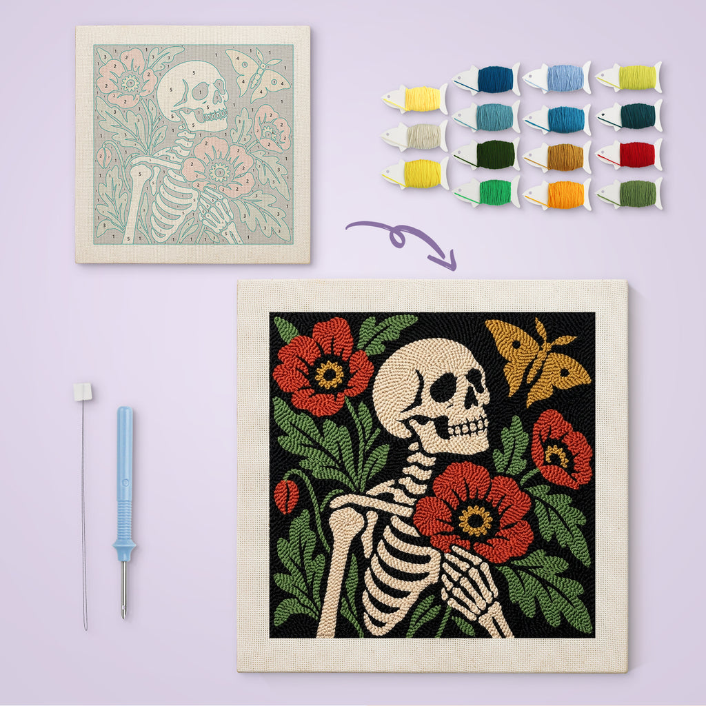 Poppy Skeleton canvas before and after punching, with the threads and tools