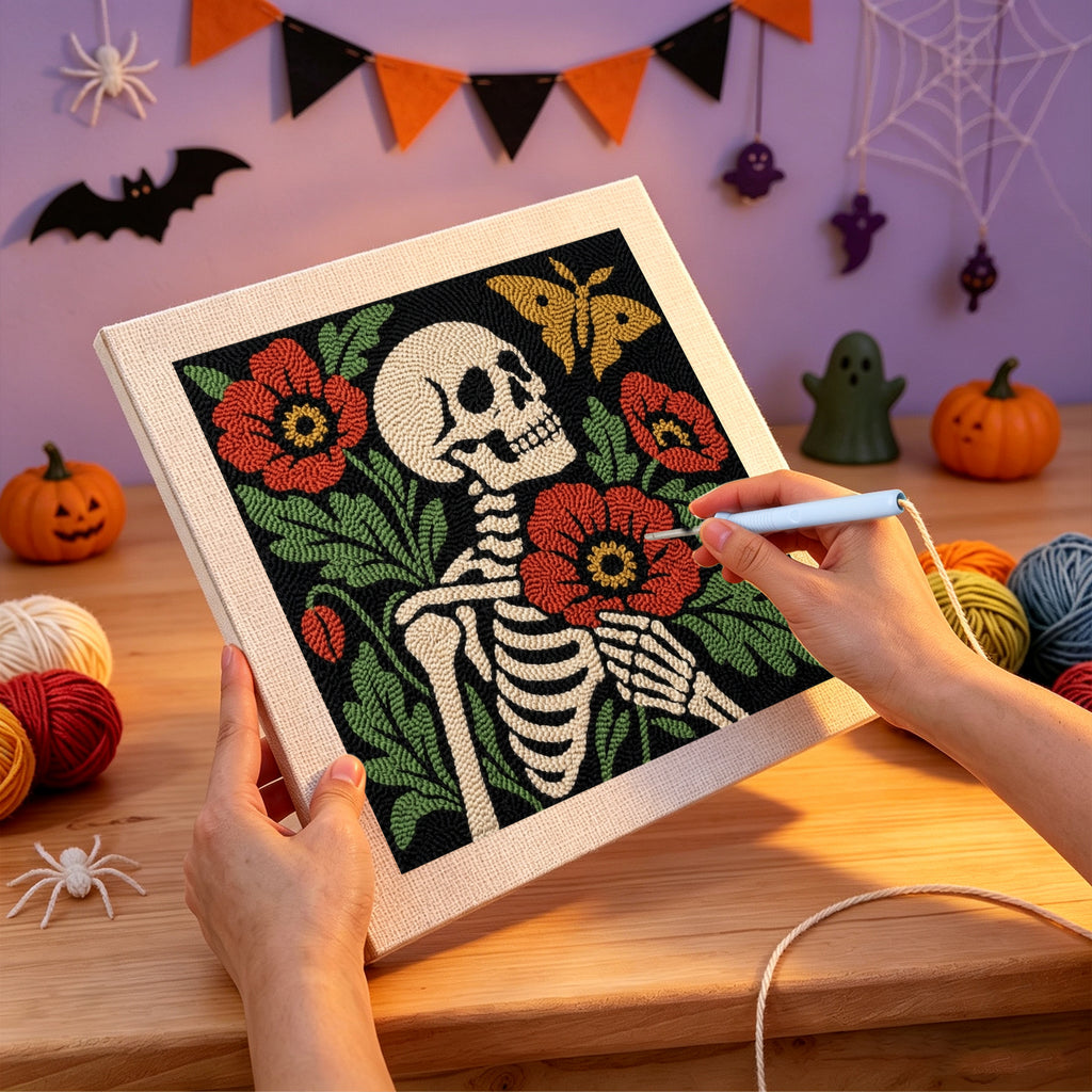 Punching the Poppy Skeleton design with the punch needle