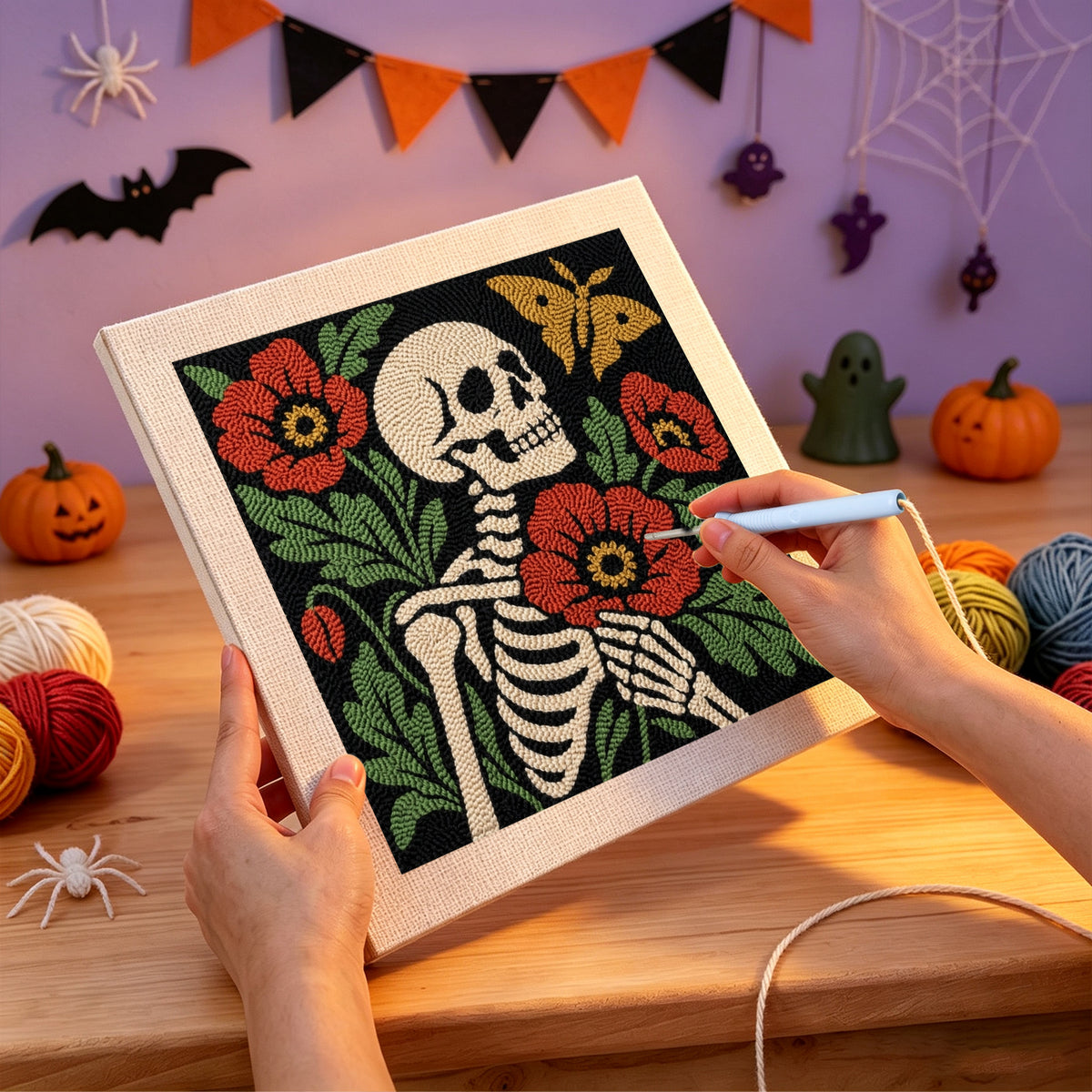 Punching the Poppy Skeleton design with the punch needle