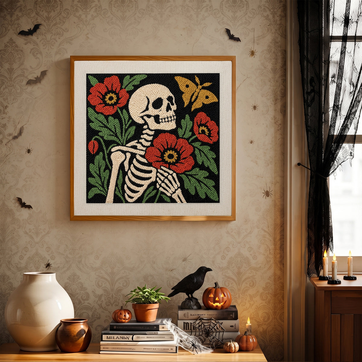Finished Poppy Skeleton punch needle canvas on a wall